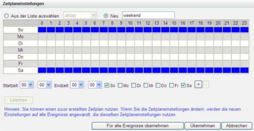 Zeitplaneinstellungen Aus der Liste auswählen allday Neu weekend 0 1 2 3 4 5 6 7 8 9 10 11 12 13 14 15 16 17 18 19 20 21 22 23 So Mo Di Mi Do Fr Sa Startzeit: 00 : 00 Endzeit: 00 : 00 So Mo Di Mi Do Fr Sa + Löschen Hinweis: Sie können einen zuvor erstellten Zeitplan nutzen. Wenn Sie die Zeitplaneins…
