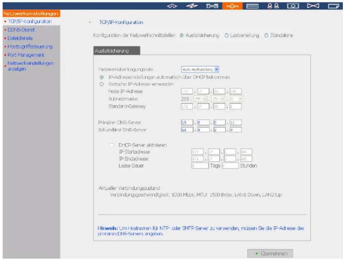 Netzwerkeinstellungen TCP/IP-Konfiguration DDNS-Dienst Dateidienste Hostzugriffssteuerung Port-Management Netzwerkeinstellungen anzelgen TCP/IP-Konfiguration Konfiguration der Netzwerkschnittstellen Ausfallsicherung Lastverteilung Standalone Ausfallsicherung Netzwerkübertragungsrate Auto-Aushandlung…