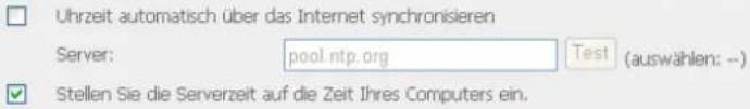 Uhrzeit automatisch über das Internet synchronisieren Server: pool.ntp.org Test (auswählen:--) Stellen Sie die Serverzeit auf die Zeit Ihres Computers ein.