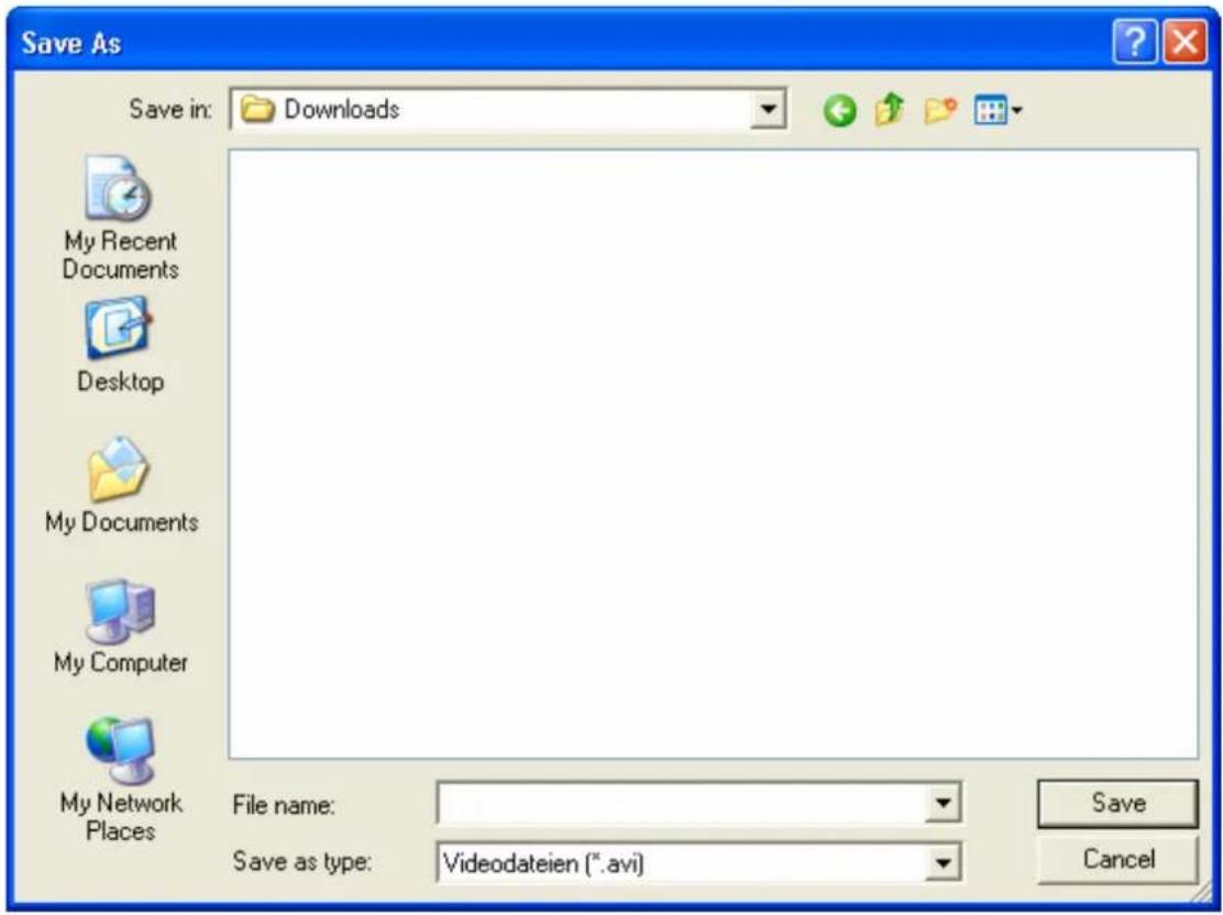Save As Save in: Downloads My Recent Documents Desktop My Documents My Computer My Network Places File name: Save as type: Videodateien (*.avi) Save Cancel