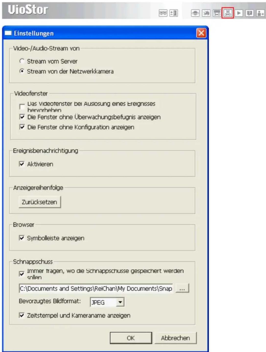 UioStor Einstellungen Video-/Audio-Stream von ○ Stream vom Server ● Stream von der Netzwerkkamera Videofenster □ Das Videofenster bei Auslosung eines Ereignisses hervorhehen ✓ Die Fenster ohne Überwachungsbefugnis anzeigen ✓ Die Fenster ohne Konfiguration anzeigen Ereignisbenachrichtigung ✓ Aktivier…