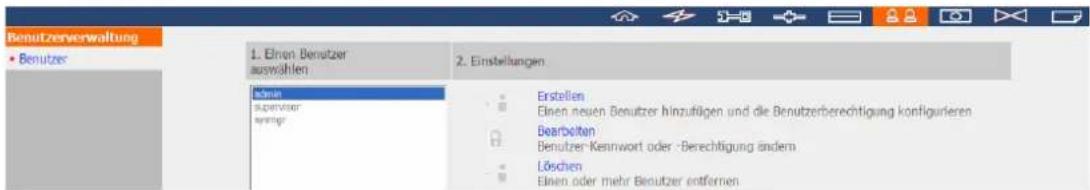 Benutzerverwaltung • Benutzer 1. Elon: Benutzer auswählen 2. Einstellungen Ersen superviter sympf Erstellen Einen neuen Benutzer hinzufügen und die Benutzerberechtigung konfigurieren Bearboiten Benutzer Kennwort oder -Berechtigung andersm Löschen Einen oder mehr Benutzer entfernen