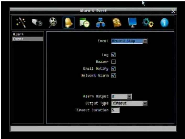 Alarm & Event Alarm Event Event Record Stop Log ✓ Buzzer Email Notify ✓ Network Alarm ✓ Alarm Output 2 Output Type Timeout Timeout Duration 5
