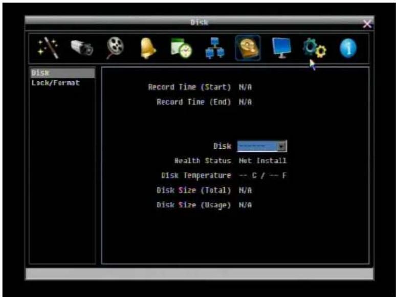Disk Lock/Format Record Time (Start) N/A Record Time (End) N/A Disk ---- Health Status Hot Install Disk Temperature -- C / -- F Disk Size (Total) N/A Disk Size (Usage) N/A