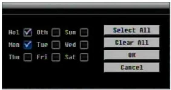 Hol ✓ Oth □ Sun □ Mon ✓ Tue □ Wed □ Thu □ Fri □ Sat □ Select All Clear All OK Cancel