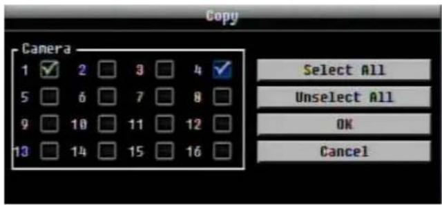 Copy Camera 1 ✓ 2 □ 3 □ 4 ✓ 5 □ 6 □ 7 □ 8 □ 9 □ 10 □ 11 □ 12 □ 13 □ 14 □ 15 □ 16 □ Select All Unselect All OK Cancel