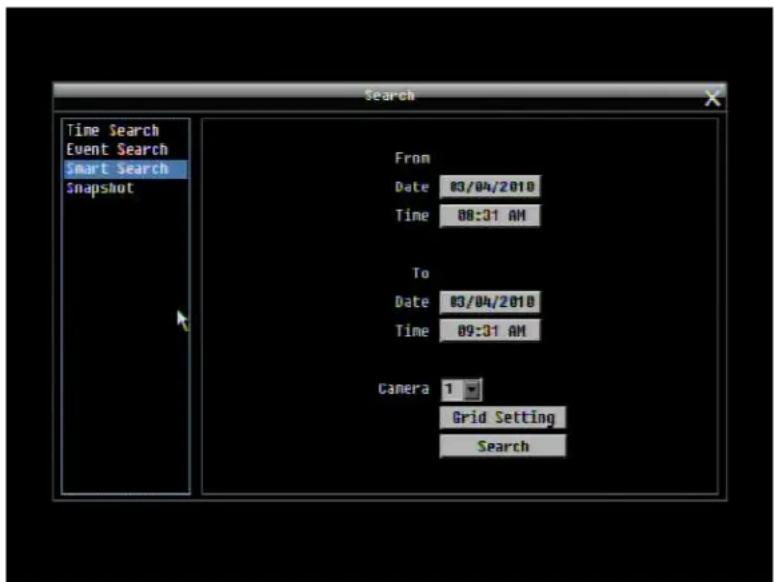 Time Search Event Search Smart Search Snapshot From Date 03/04/2010 Time 08:31 AM To Date 03/04/2010 Time 09:31 AM Camera 1 Grid Setting Search