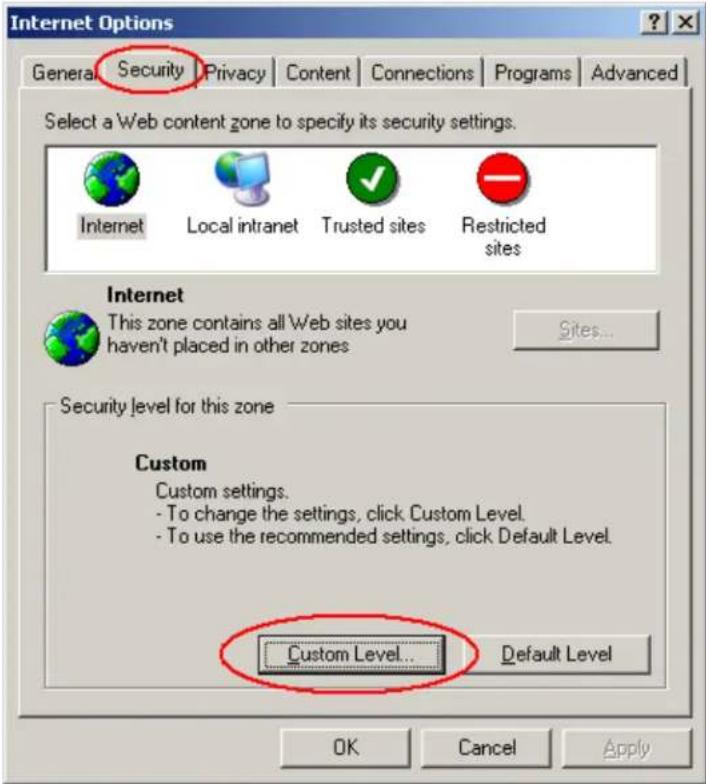 Internet Options General Security Privacy Content Connections Programs Advanced Select a Web content zone to specify its security settings. Internet Local intranet Trusted sites Restricted sites Internet This zone contains all Web sites you haven't placed in other zones Security level for this zone Custom Custom settings. - To change the settings, click Custom Level. - To use the recommended settings, click Default Level. Custom Level... Default Level OK Cancel Apply