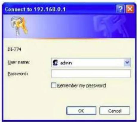 Connect to 192.168.0.1 DI-774 User name: admin Password: Remember my password OK Cancel