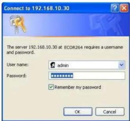 Connect to 192.168.10.30 The server 192.168.10.30 at ECOR264 requires a username and password. User name: admin Password: Remember my password OK Cancel