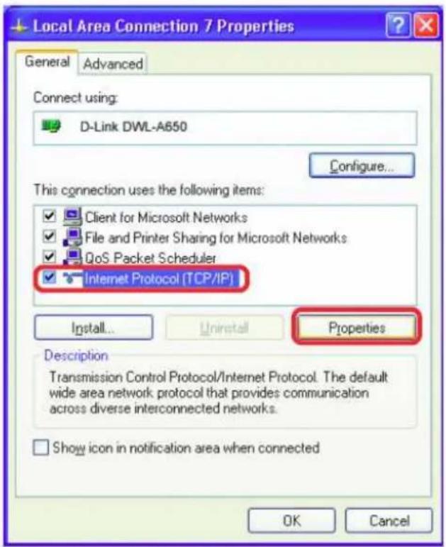 Local Area Connection 7 Properties General Advanced Connect using: D-Link DWL-A650 Configure... This connection uses the following items: Client for Microsoft Networks File and Printer Sharing for Microsoft Networks QoS Packet Scheduler Internet Protocol (TCP/IP) Install... Uninstall Properties Description Transmission Control Protocol/Internet Protocol. The default wide area network protocol that provides communication across diverse interconnected networks. Show icon in notification area when connected OK Cancel