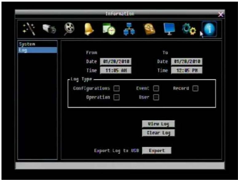 Information System Log From Date 01/20/2010 Time 11:05 AM To Date 01/20/2010 Time 12:05 PM Log Type Configurations □ Event □ Record □ Operation □ User □ View Log Clear Log Export Log to USB Export