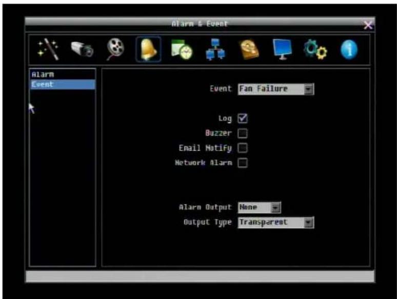 Alarm & Event Alarm Event Event Fan Failure Log ✓ Buzzer ✓ Email Notify ✓ Network Alarm ✓ Alarm Output None Output Type Transparent