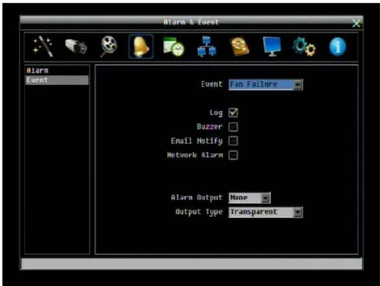 Alarm & Event Alarm Event Event Fan Failure Log ✓ Buzzer □ Email Notify □ Network Alarm □ Alarm Output None Output Type Transparent