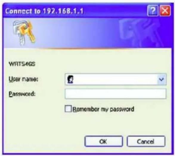 Connect to 192.168.1.1 WRT54GS User name: Password: Remember my password OK Cancel
