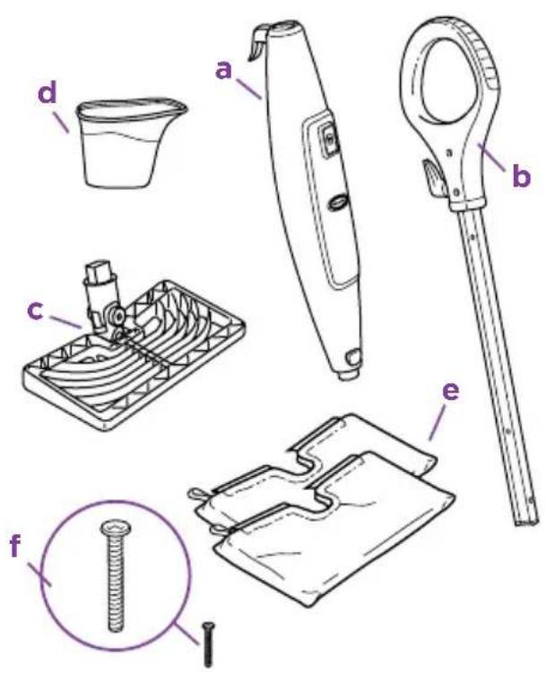 Technical diagram showing exploded view of mechanical components with labeled parts a through f