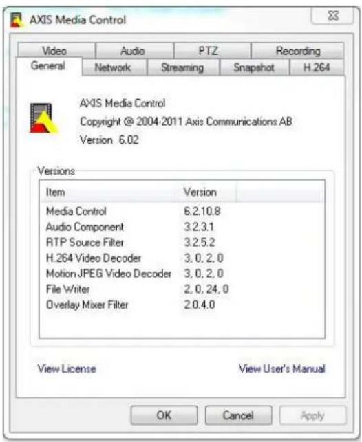 AXIS Media Control Video Audio PTZ Recording General Network Streaming Snapshot H.264 AXIS Media Control Copyright @ 2004-2011 Axis Communications AB Version 6.02 Versions Item Version Media Control 6.2.10.8 Audio Component 3.2.3.1 RTP Source Filter 3.2.5.2 H.264 Video Decoder 3,0,2,0 Motion JPEG Video Decoder 3,0,2,0 File Writer 2,0,24,0 Overlay Mixer Filter 2.0.4.0 View License View User's Manual OK Cancel Apply