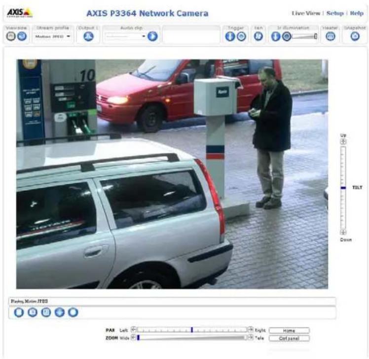AXIS P3364 Network Camera Live View | Setup | Help View/beat Stream profile Output Audio clip Trigger Icon In illumination Heater Snapshot 10 Up + TILT Down Playing Motion JFES PAR Left Right Home ZOOM Wide Tele Curl panel