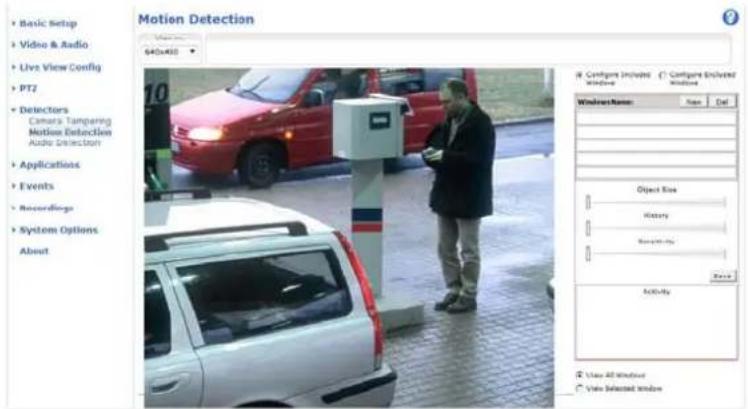Motion Detection Basic Setup Video & Audio Live View Config PT2 Detectors Camera Tampering Motion Detection Audio Detection Applications Events Recordings System Options About 640x450 Configure Included Window Configure Included Window Windows Name: Size Del Object Size History Services Save Activity Use All Windows View Selected Window
