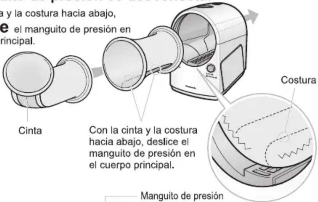 a y la costura hacia abajo, e el manguito de presión en principal. Cinta Con la cinta y la costura hacia abajo, deslice el manguito de presión en el cuerpo principal. Costura Manguito de presión