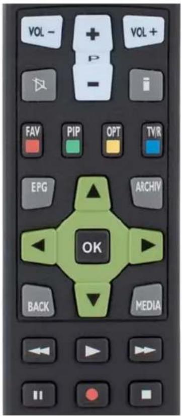 VOL - + P - VOL + FAV PIP OPT TV/R EPG ARCHIV OK BACK MEDIA