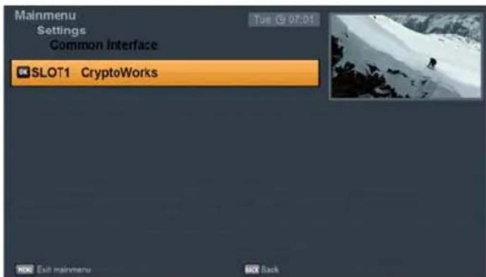 Mainmenu Settings Common Interface SLOT1 CryptoWorks SOLI Exit mainmenu Back