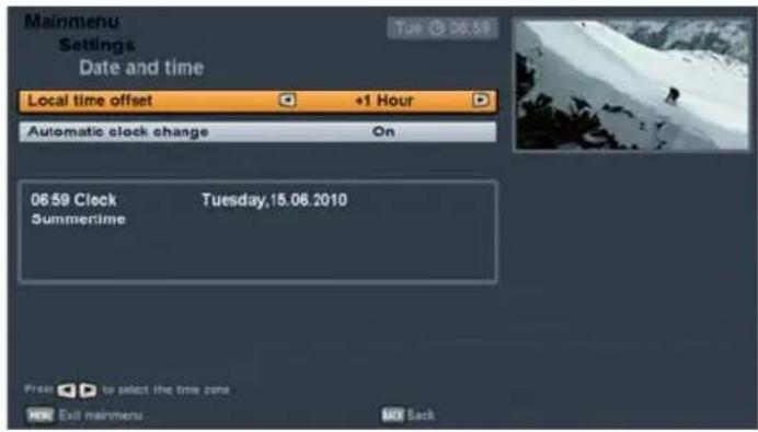 Mainmenu Settings Date and time Local time offset +1 Hour Automatic clock change On 06:59 Clock Tuesday,15.06.2010 Summertime Free to select the time zone Exit mainmenu Back