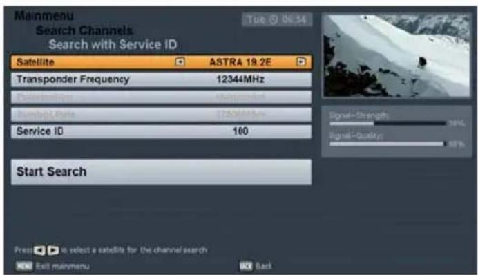 Mainmenu Search Channels Search with Service ID Satellite ASTRA 19.2E Transponder Frequency 12344MHz Power/Signal 1000MHz Rumbbit Rate 27506MHz Service ID 100 Start Search Press to select a satellite for the channel search Exit mainmenu Back