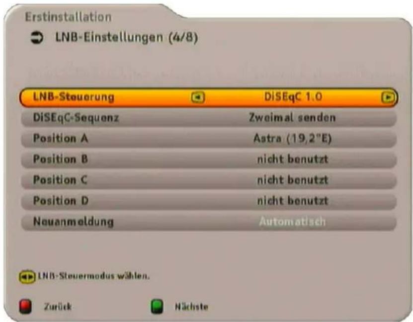 Erstinstallation LNB-Einstellungen (4/8) LNB-Steuerung DiSeqC 1.0 DiSeqC-Sequenz Zweimal senden Position A Astra (19,2"E) Position B nicht benutzt Position C nicht benutzt Position D nicht benutzt Neuanmeldung Automatisch LNB-Steuermodus wählen. Zurück Nächste