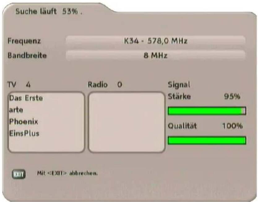 Suche läuft 53% . Frequenz K34 - 578,0 MHz Bandbreite 8 MHz TV 4 Radio 0 Signal Das Erste arte Phoenix EinsPlus Stärke 95% Qualität 100% EXIT Mit abbrechen.