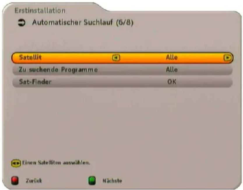Erstinstallation Automatischer Suchlauf (6/8) Satellit Alle Zu suchende Programme Alle Sat-Finder OK Einen Satelliten auswählen. Zurück Nächste