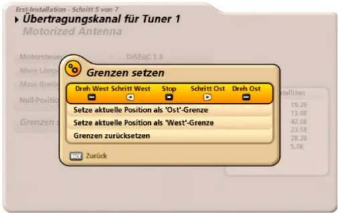 Erst.Installation - Schritt 5 von ? Übertragungskanal für Tuner 1 Motorized Antenna Grenzen setzen Dreh West Schritt West Stop Schritt Ost Dreh Ost Setze aktuelle Position als 'Ost'-Grenze Setze aktuelle Position als 'West'-Grenze Grenzen zurücksetzen Zurück