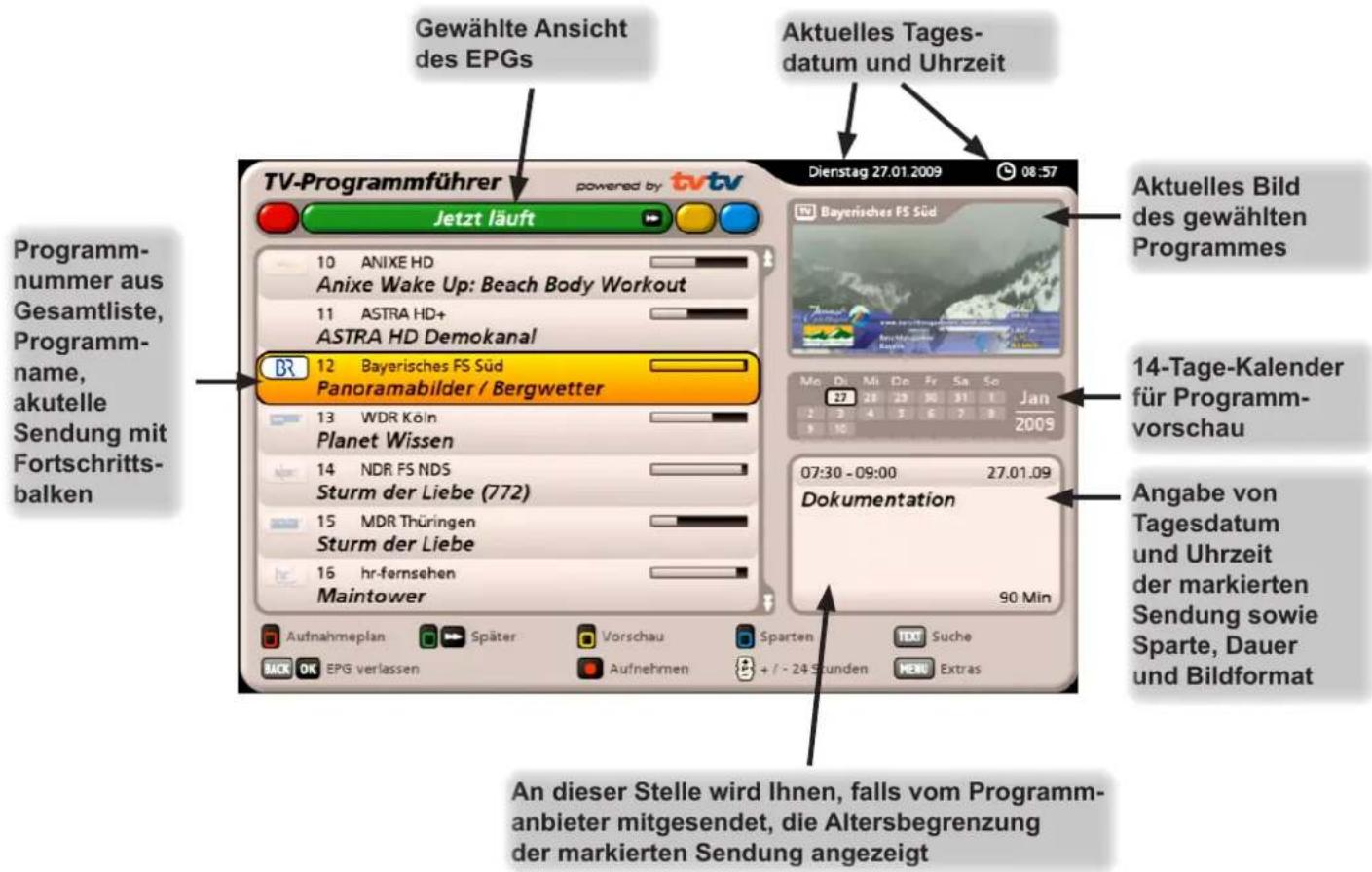 Gewählte Ansicht des EPGs Aktuelles Tages- datum und Uhrzeit Programm- nummer aus Gesamtliste, Programm- name, akutelle Sendung mit Fortschritts- balken TV-Programmführer powered by tvtv Jetzt läuft 10 ANIXE HD Anixe Wake Up: Beach Body Workout 11 ASTRA HD+ ASTRA HD Demokanal 12 Bayerisches FS Süd Panoramabilder / Bergwetter 13 WDR Köln Planet Wissen 14 NDR FS NDS Sturm der Liebe (772) 15 MDR Thüringen Sturm der Liebe 16 hr-fernsehen Maintower Aufnahmeplan Später Vorschau Sparten Text Suche MICK OK EPG verlassen Aufnehmen + / - 24 Stunden NEW Extras Dienstag 27.01.2009 08:57 Aktuelles Bild des gewählten Programmes 14-Tage-Kalender für Programm- vorschau Angabe von Tagesdatum und Uhrzeit der markierten Sendung sowie Sparte, Dauer und Bildformat An dieser Stelle wird Ihnen, falls vom Programm- anbieter mitgesendet, die Altersbegrenzung der markierten Sendung angezeigt