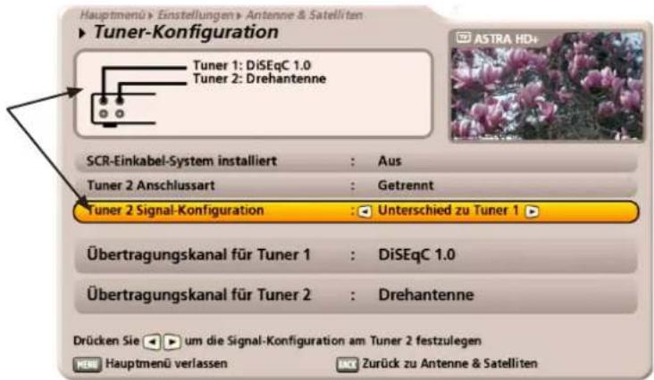 Hauptmenü > Einstellungen > Antenne & Satelliten ► Tuner-Konfiguration Tuner 1: DiSEqC 1.0 Tuner 2: Drehantenne SCR-Einkabel-System installiert : Aus Tuner 2 Anschlussart : Getrennt Tuner 2 Signal-Konfiguration : Unterschied zu Tuner 1 Übertragungskanal für Tuner 1 : DiSEqC 1.0 Übertragungskanal für Tuner 2 : Drehantenne Drücken Sie um die Signal-Konfiguration am Tuner 2 festzulegen MENU Hauptmenü verlassen OK Zurück zu Antenne & Satelliten