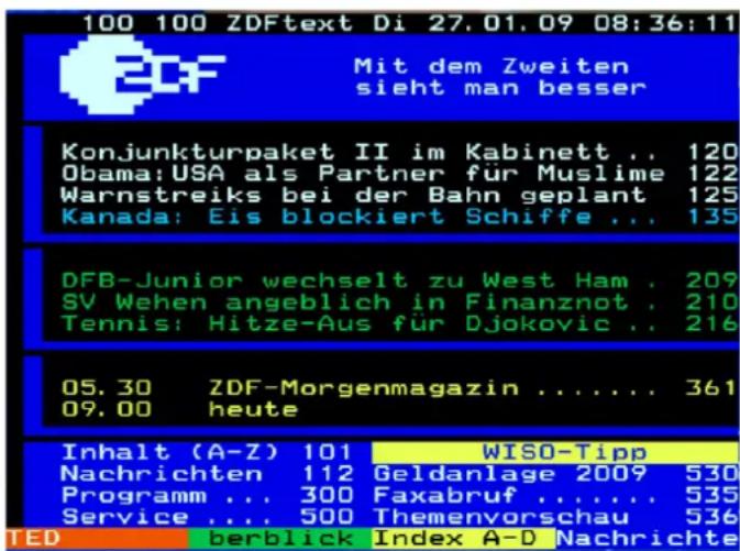 100 100 ZDFtext Di 27.01.09 08:36:11 BDF Mit dem Zweiten sieht man besser Konjunkturpaket II im Kabinett .. 120 Obama: USA als Partner für Muslime 122 Warnstreiks bei der Bahn geplant 125 Kanada: Eis blockiert Schiffe .. 135 DFB-Junior wechselt zu West Ham . 209 SV Wehen angeblich in Finanznot . 210 Tennis: Hitze-Aus für Djokovic .. 216 05.30 ZDF-Morgenmagazin ..... 361 09.00 heute Inhalt (A-Z) 101 WISO-Tipp Nachrichten 112 Geldanlage 2009 530 Programm ... 300 Faxabruf ..... 535 Service ... 500 Themenvorschau 536 TED berblick Index A-D Nachrichte