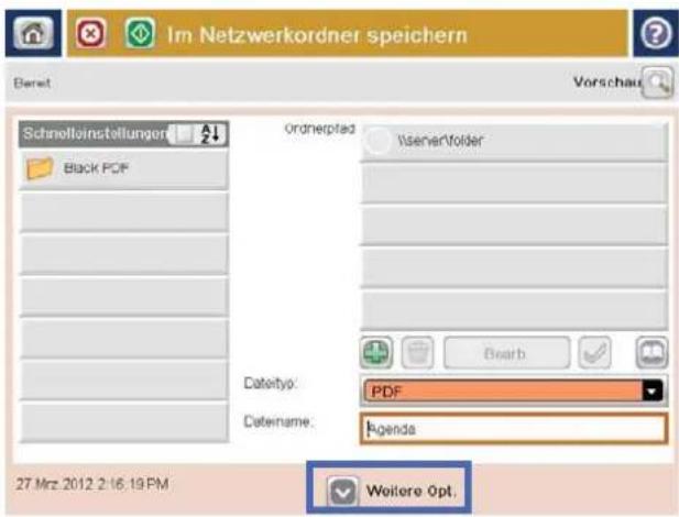 Im Netzwerkordner speichern Bereit Vorschau Schnelleinstellungen Black PDF Ordnerpfad Iserver folder Dateityp: PDF Dateiname: Agenda 27.Mrz.2012 2:16:19 PM Weitere Opt.