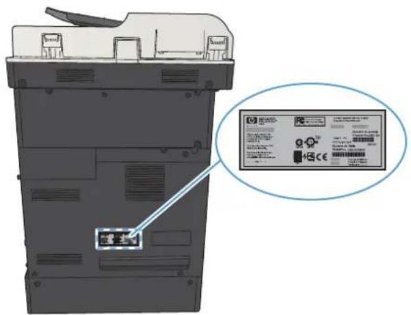 HP LaserJet Enterprise MFP M725z - Position der Serien- und Modellnummer - 1