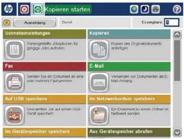 Kopieren starten Anmeldung Bereit Exemplare: Schnelleinstellungen Voreingestellte Joboptionen für gängige Jobs aufrufen Kopieren Kopien des Originaldokuments anfertigen Fax Senden Sie ein Dokument an eine oder mehrere Faxnummern E-Mail Versenden von Dokumenten als E-Mail-Anhang Auf USB speichern Im…