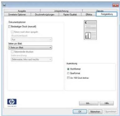 Ausgabe Jobsicherung Derivate Erweiterte Optionen Druckverknüpfungen Papier/Qualität Effekte Fertigstellung Dokumentoptionen ■ Bestätigter Druck (manuell) ■ Seiten nach oben spiegeln Broschürenlayout: Aus Seiten pro Blatt: 1 Seite pro Blatt ■ Seitenränder drucken Seitenanordnung: Zeilenweise, links…