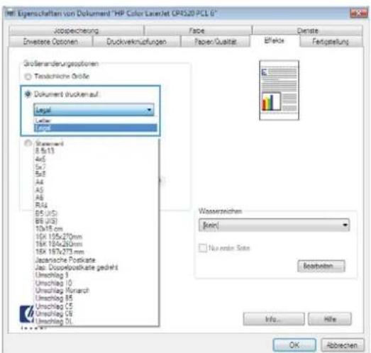 HP Eigenschaften von Dokument "HP Color LaserJet CP520 PCL 6" Jobspeicherung Face Denise Erweiterte Optionen Druckverknüpfungen Papier/Qualität Effekte Fertigung Größenänderungspläne Tenschriftliche Größe Dokument drucken auf Legal U.S. Standard 8.5x13 4x6 5x7 5x8 A4 A5 A6 R4 B5 (US) B6 (US) 10x19 c…