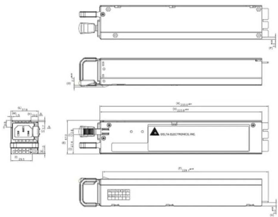 Technical schematic of a battery module with labeled dimensions and component annotations including Delta Electronics, INC.