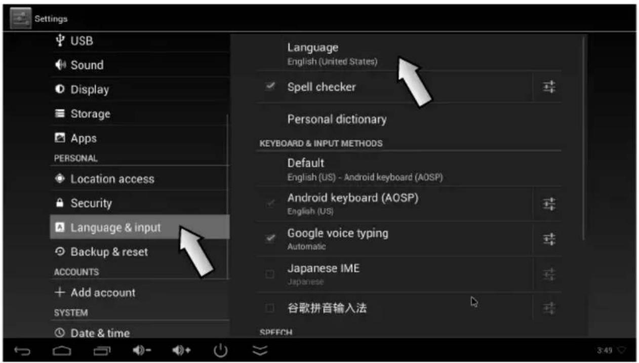 Settings USB Sound Display Storage Apps PERSONAL Location access Security Language & input Backup & reset ACCOUNTS Add account SYSTEM Date & time Language English (United States) Spell checker Personal dictionary KEYBOARD & INPUT METHODS Default English (US) - Android keyboard (AOSP) Android keyboard (AOSP) English (US) Google voice typing Automatic Japanese IME Japanese 谷歌拼音输入法 SPEECH