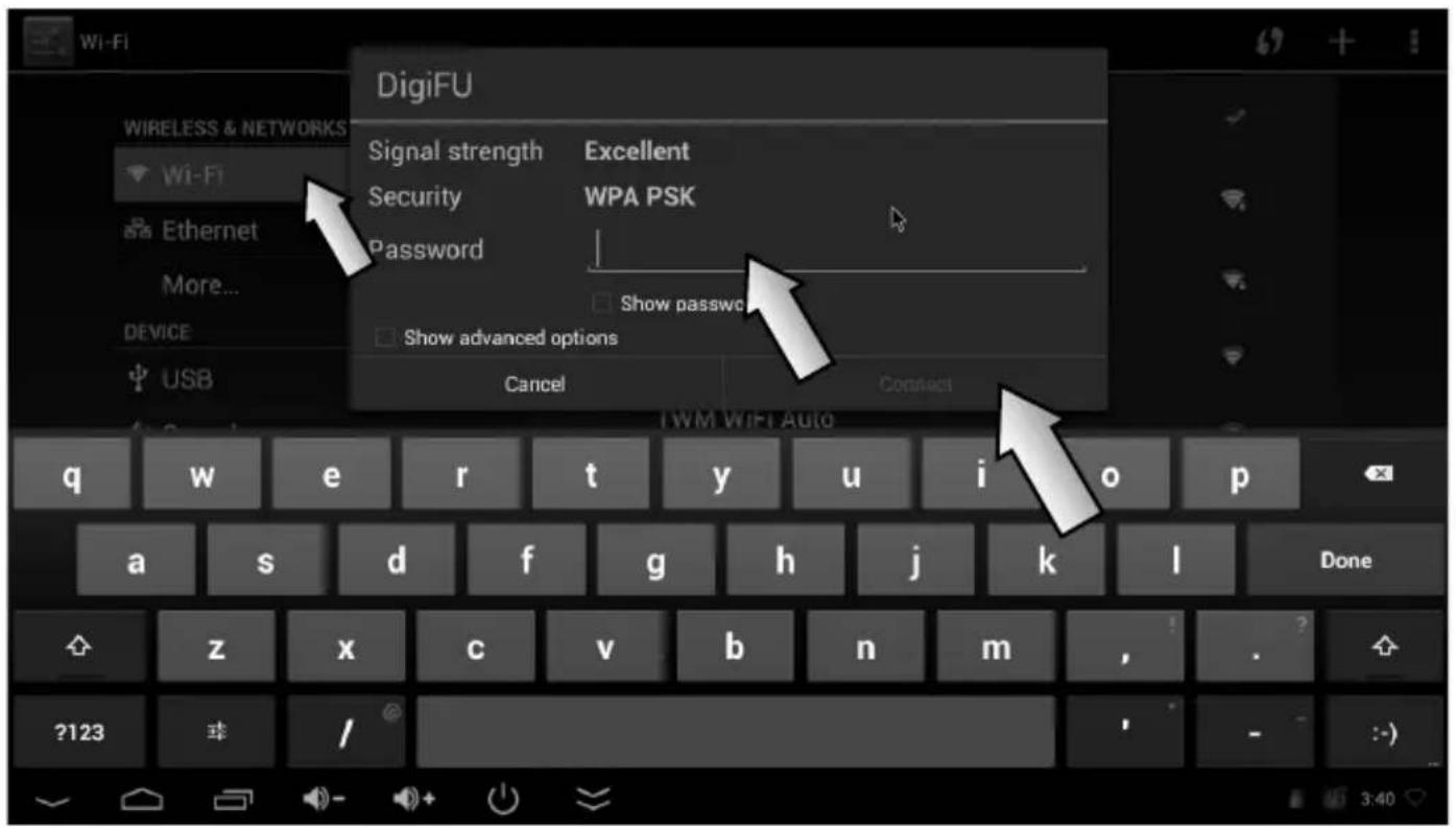DigiFU Signal strength Excellent Security WPA PSK Password Show password Show advanced options Cancel Connect Wi-Fi Wireless & NETWORKS Wi-Fi Ethernet More... DEVICE USB q w e r t y u>i pivot a s d f g h j k l Done z x c v b n m, ?123 / - :-