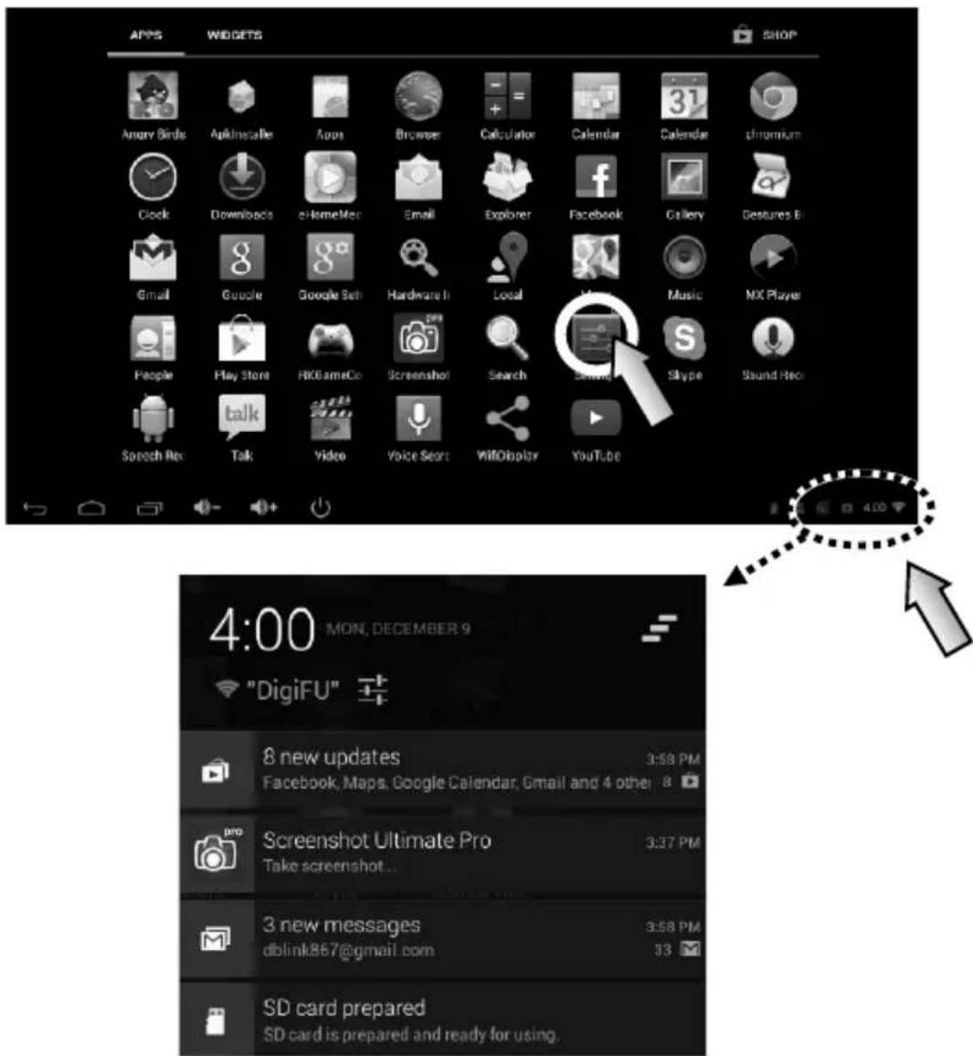 APPS WIDGETS SHOP Angry Birds Applinsafe Apps Browser Calculator Calendar Calendar chromium Clock Downloads eHomeMer Email Explorer Facebook Gallery Desures B Gmail Google Google Set Hardware In Local Music MX Player People Play Store HBOOKameCo Screenshot Search Save Skype Sound Reo Screeh Rev Talk Video Voice Secret VitioDisplay YouTube 4:00 MON, DECEMBER 9 "DigiFU" 8 new updates Facebook, Maps, Google Calendar, Gmail and 4 other 8 PM Pro Screenshot Ultimate Pro Take screenshot... 3 new messages dblink867@gmail.com 3:58 PM 33 PM SD card prepared SD card is prepared and ready for using.