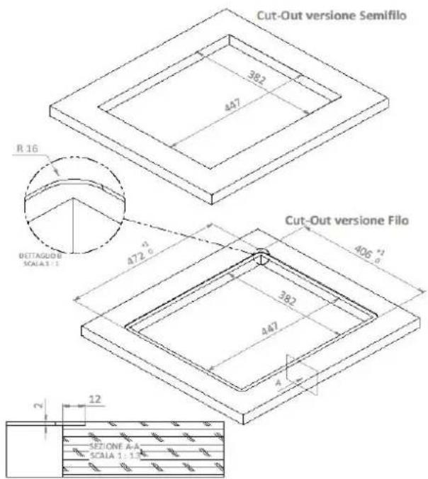 Cut-Out versione Semifilo 382 447 R 16 DETTAGUDE SCALA 1:1 472 ° Cut-Out versione Filo 406 ° 382 447 4 2 12 SEZIONE A-A SCALA 1:1.5