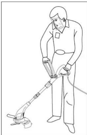 Line drawing of a person using a handheld tool to clean or manage equipment (no text or symbols)