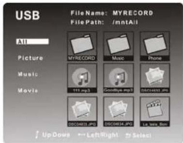 USB File Name: MYRECORD File Path: /mntAll All Picture Music Movie MYRECORD Music Phone 111.mp3 Goodbye.mp3 Discusps3.jpg DISCOM53.JPG DISCOM54.JPG La Nava Rim f UpDown ← Left Right → Select