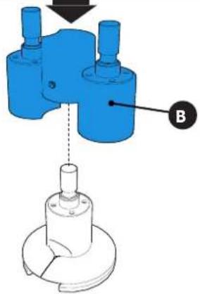 Technical diagram showing a blue mechanical component with labeled part B and its assembly view below it.