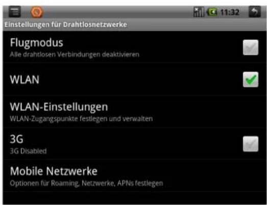 Einstellungen für Drahtlosnetzwerke Flugmodus Alle drahtlosen Verbindungen deaktivieren WLAN WLAN-Einstellungen WLAN-Zugangspunkte festlegen und verwalten 3G 3G Disabled Mobile Netzwerke Optionen für Roaming, Netzwerke, APNs festlegen