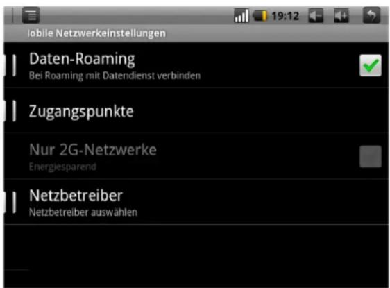 Jobile Netzwerkeinstellungen Daten-Roaming Bei Roaming mit Datendienst verbinden Zugangspunkte Nur 2G-Netzwerke Energiesparend Netzbetreiber Netzbetreiber auswählen
